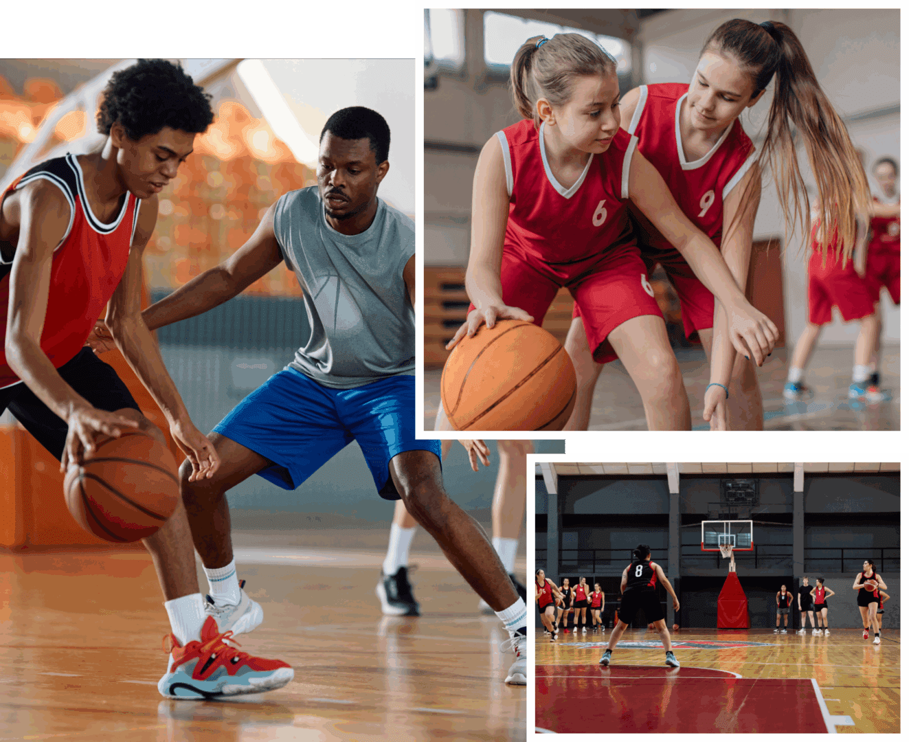 Basketball players practicing on indoor court.
